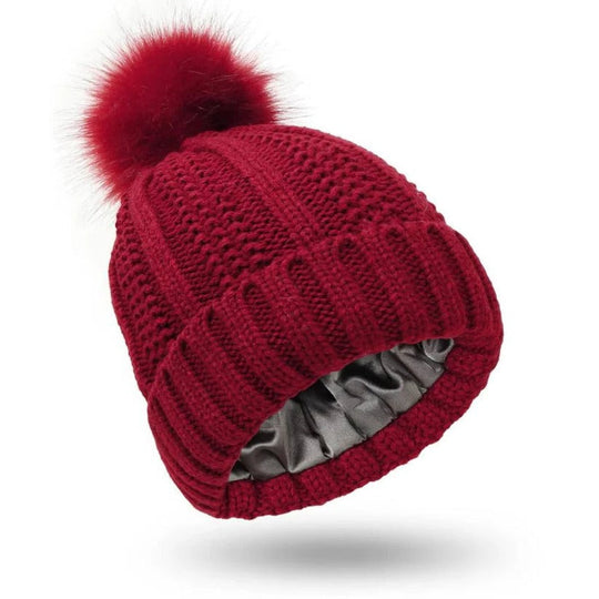 Silk Lined Pompom Beanie for Frizz Control and Static Free Hair