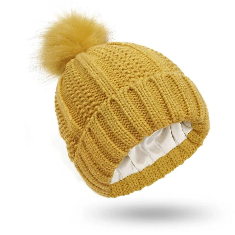 Silk Lined Pompom Beanie for Frizz Control and Static Free Hair