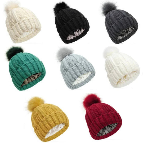 Silk Lined Pompom Beanie for Frizz Control and Static Free Hair
