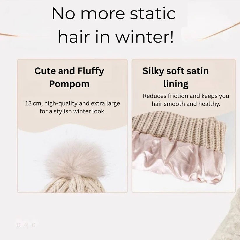 Silk Lined Pompom Beanie for Frizz Control and Static Free Hair