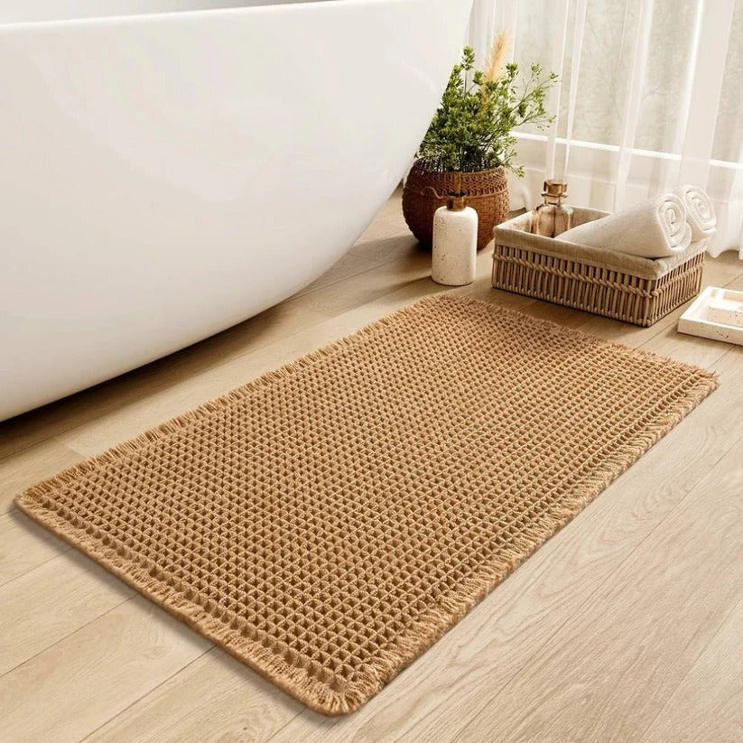 Machine Washable Bath Mat with Tassels and Non-Slip Backing