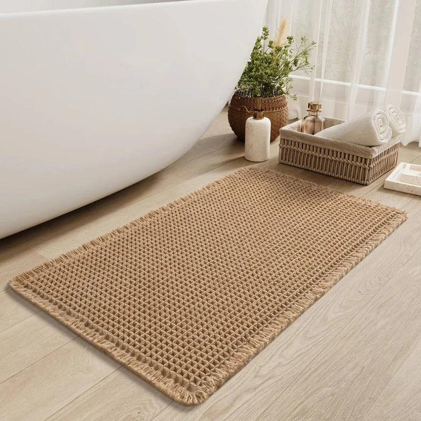 Machine Washable Bath Mat with Tassels and Non-Slip Backing