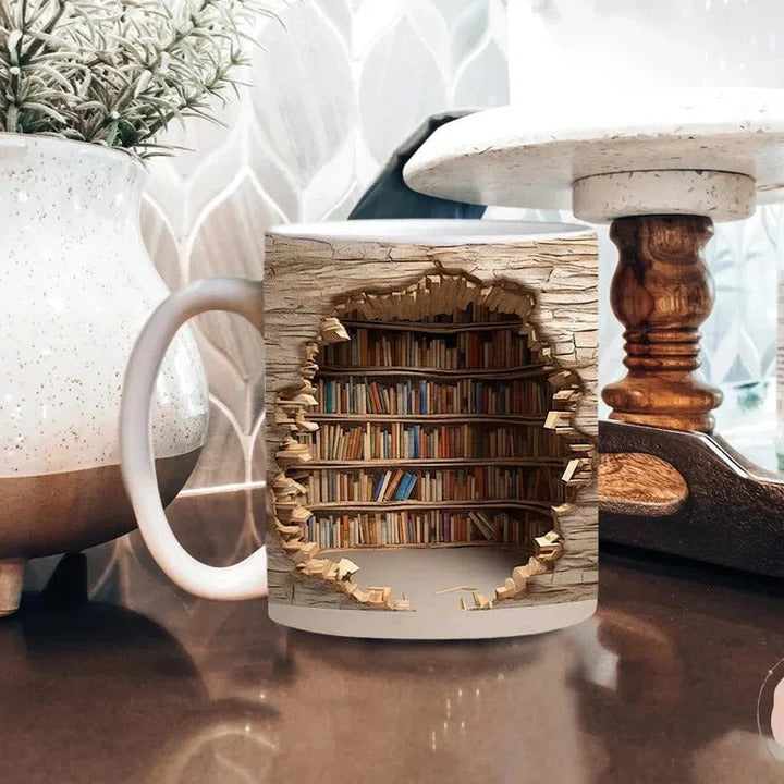 3D Bookshelf Design Ceramic Mug