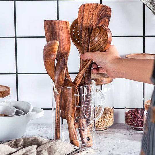 Solid Teak Wood Cooking Tools Utensil, 8 Piece Set