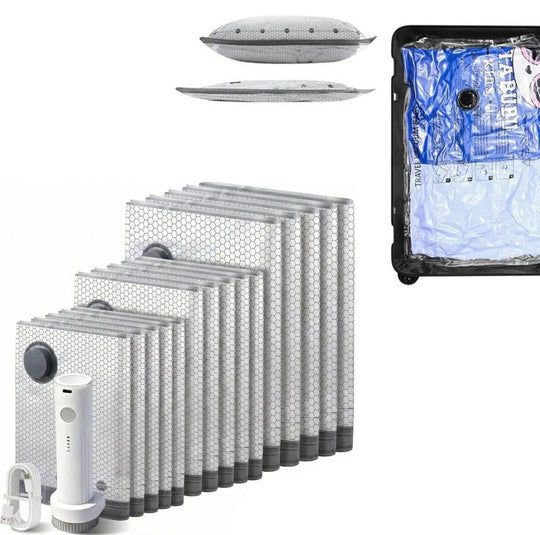Cordless Vacuum Compression Bag Set with Hand Pump for Travel, 15 Pieces