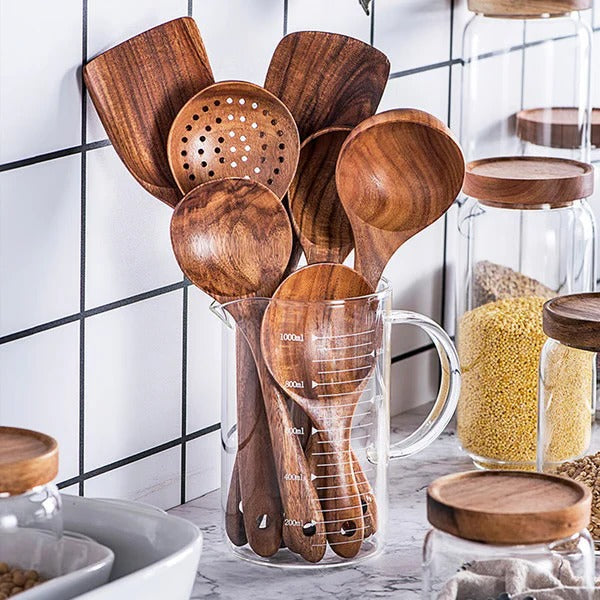 Solid Teak Wood Cooking Tools Utensil, 8 Piece Set