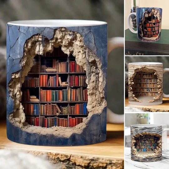 3D Bookshelf Design Ceramic Mug