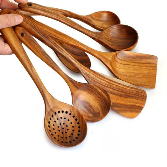 Solid Teak Wood Cooking Tools Utensil, 8 Piece Set