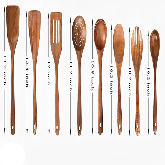 Solid Teak Wood Cooking Tools Utensil, 8 Piece Set