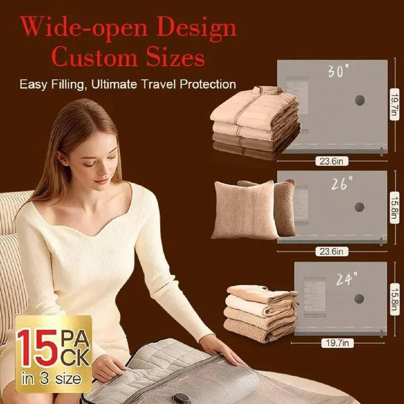 Cordless Vacuum Compression Bag Set with Hand Pump for Travel, 15 Pieces