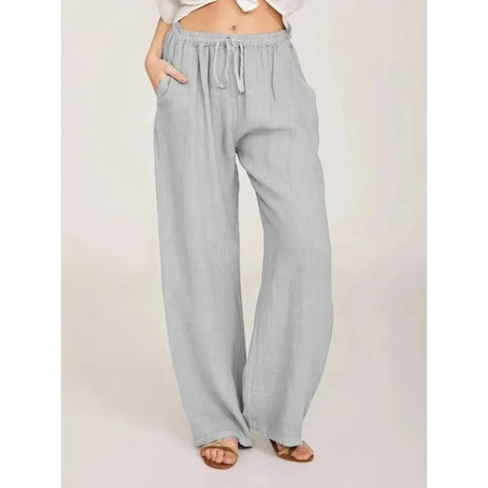 Women's Wide Leg Linen Blend Trousers with Elastic Waist and Pockets