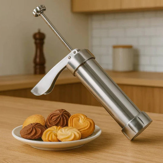 Aluminium Cookie Press Set with 20 Disc Shapes and 4 Piping Nozzles