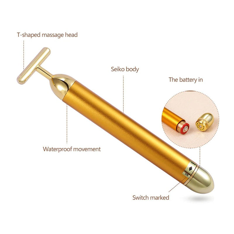 24K Gold T Beauty Bar Facial Roller Massager for Energy and Lift