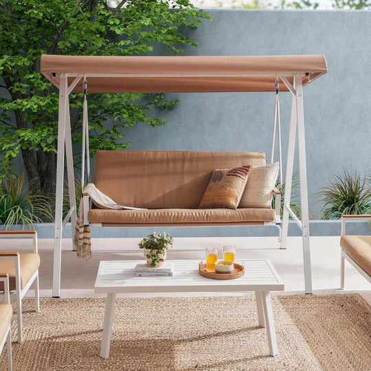 Averra 3-Seater Brown Outdoor Swing Chair, Steel Frame with Cushions and Canopy