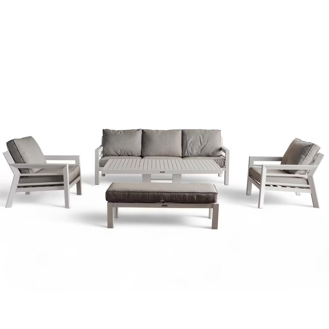 Valencia 5-Seater Outdoor Sofa Set with Bench and Lifting Table in Beige and White