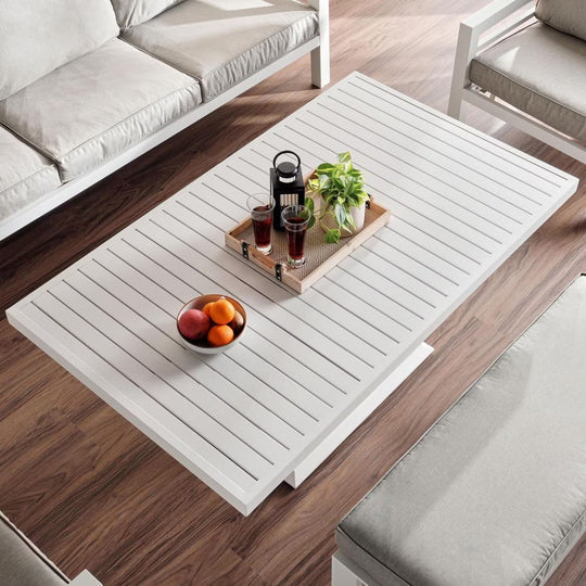 Valencia 5-Seater Outdoor Sofa Set with Bench and Lifting Table in Beige and White