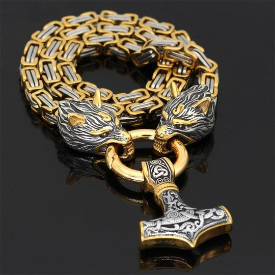 60–90 cm Stainless Steel Double Wolf Head & Mjolnir Survival Spirit Necklace/Bracelet