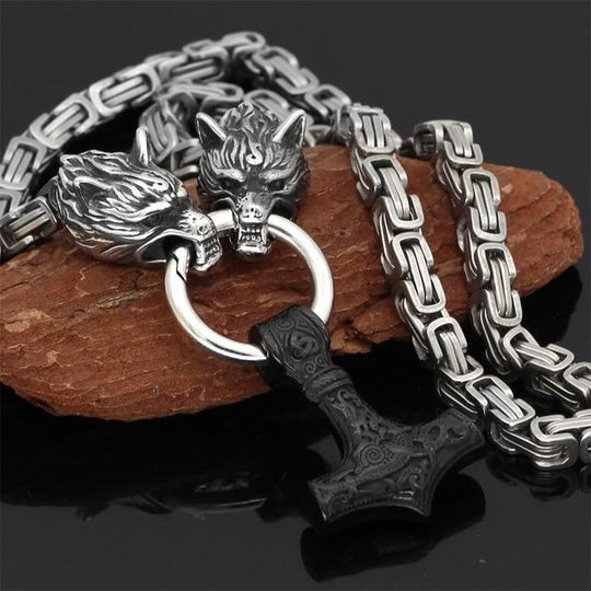 60–90 cm Stainless Steel Double Wolf Head & Mjolnir Survival Spirit Necklace/Bracelet