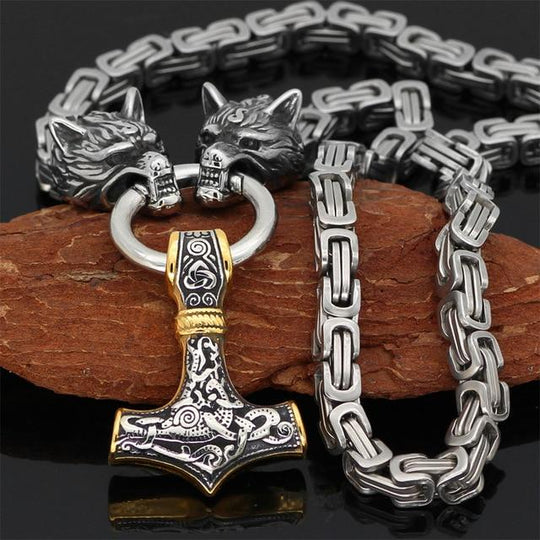 60–90 cm Stainless Steel Double Wolf Head & Mjolnir Survival Spirit Necklace/Bracelet